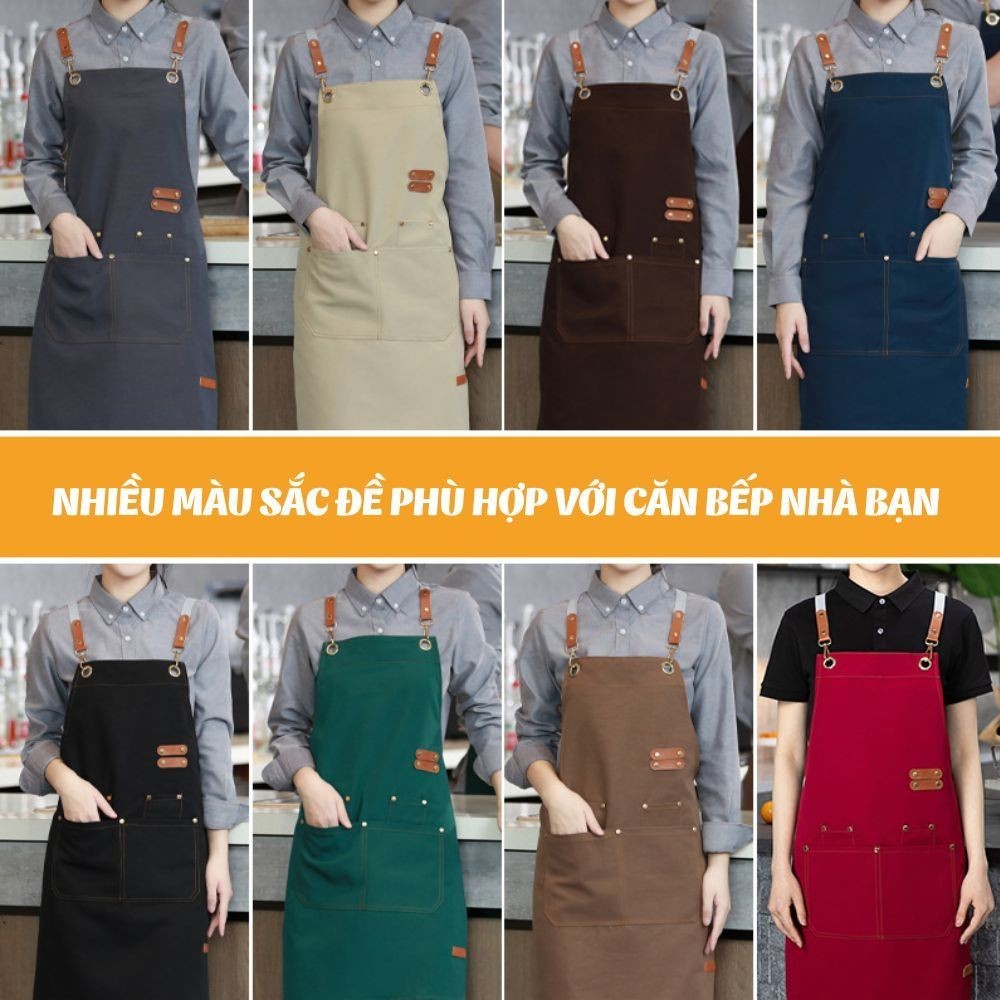 Tạp Dề Canvas Cao Cấp Có Dây Da DinoHome, Tạp Dề Chống Thấm Dầu Cho Nhà Bếp, Pha Chế, Làm Bánh, BBQ