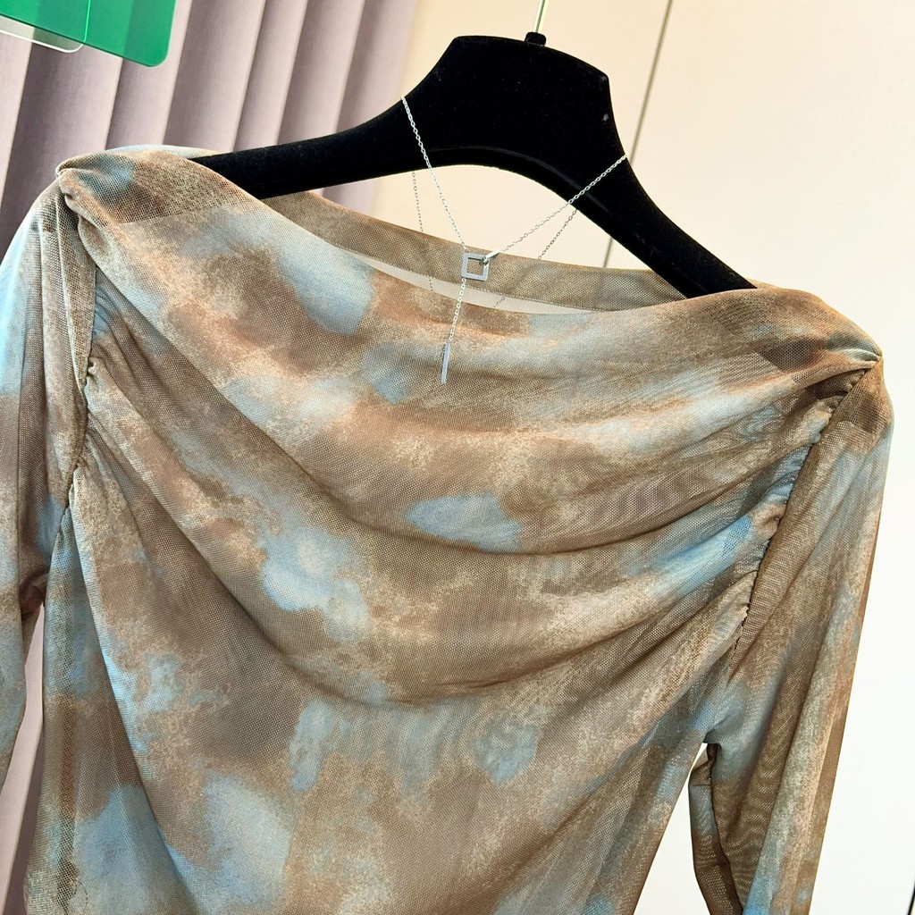 Milyfashion Retro Tie-Dye Gạc dài tay cổ phẳng Áo chống nắng mỏng phù hợp Quần áo nữ
