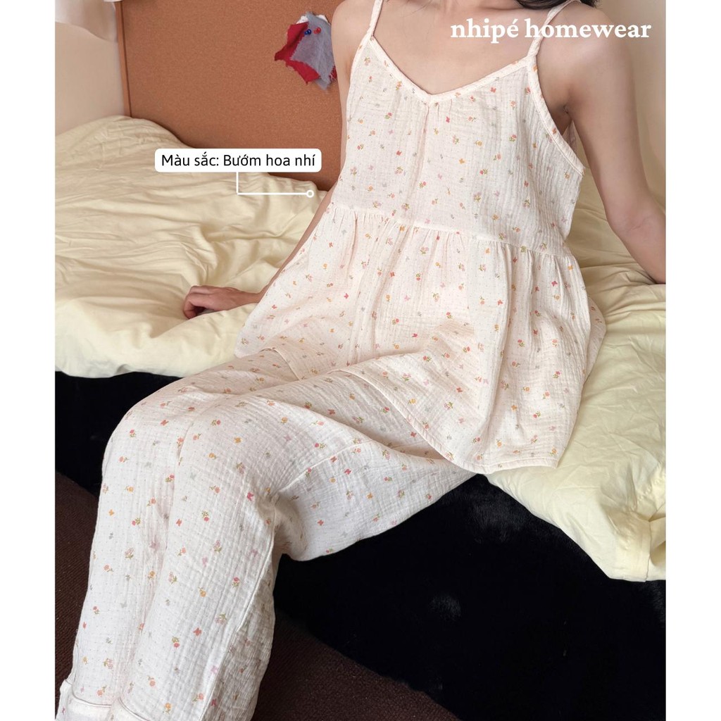 Bộ đồ áo 2 dây quần dài xô muslin Nhipé homewear nữ set đồ ngủ mặc nhà chất liệu cao cấp mềm mịn thoáng mát