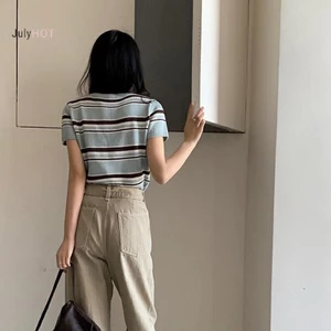 Áo sơ mi sọc retro nữ cổ tròn tay ngắn phù hợp mặc hàng ngày