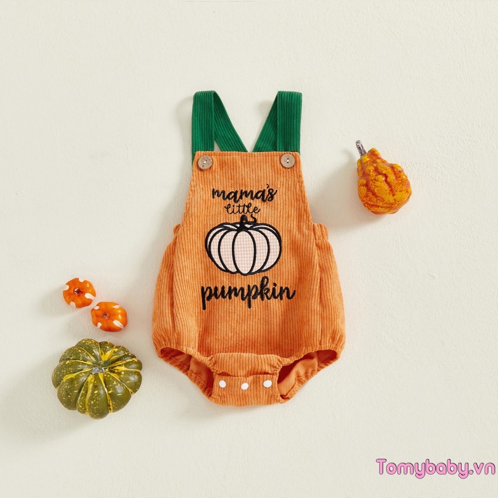 Bộ áo liền quần không tay thêu chữ Halloween Bộ đồ liền thân bí ngô cho bé gái bé trai