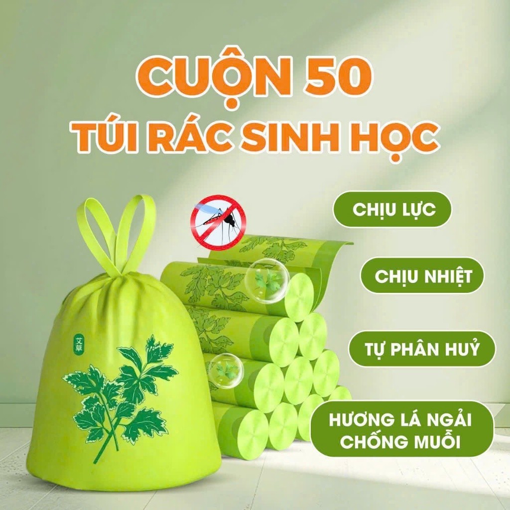 Túi Đựng Rác Dây Rút Hương Ngải Cứu Xua Đuổi Ruồi Muỗi, Côn Trùng - Túi Rác Tự Phân Hủy Thân Thiện Môi Trường