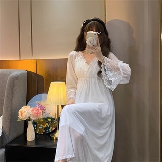 Phong Cách Cung Điện Gợi Cảm Với Miếng Lót Ngực Ren Cổ Chữ V Dài Tay Váy Ngủ Nữ Xuân Thu Cao Cấp Homewear Bộ Đồ Ngủ Váy Hơi Béo Size Lớn Quần Áo Nữ