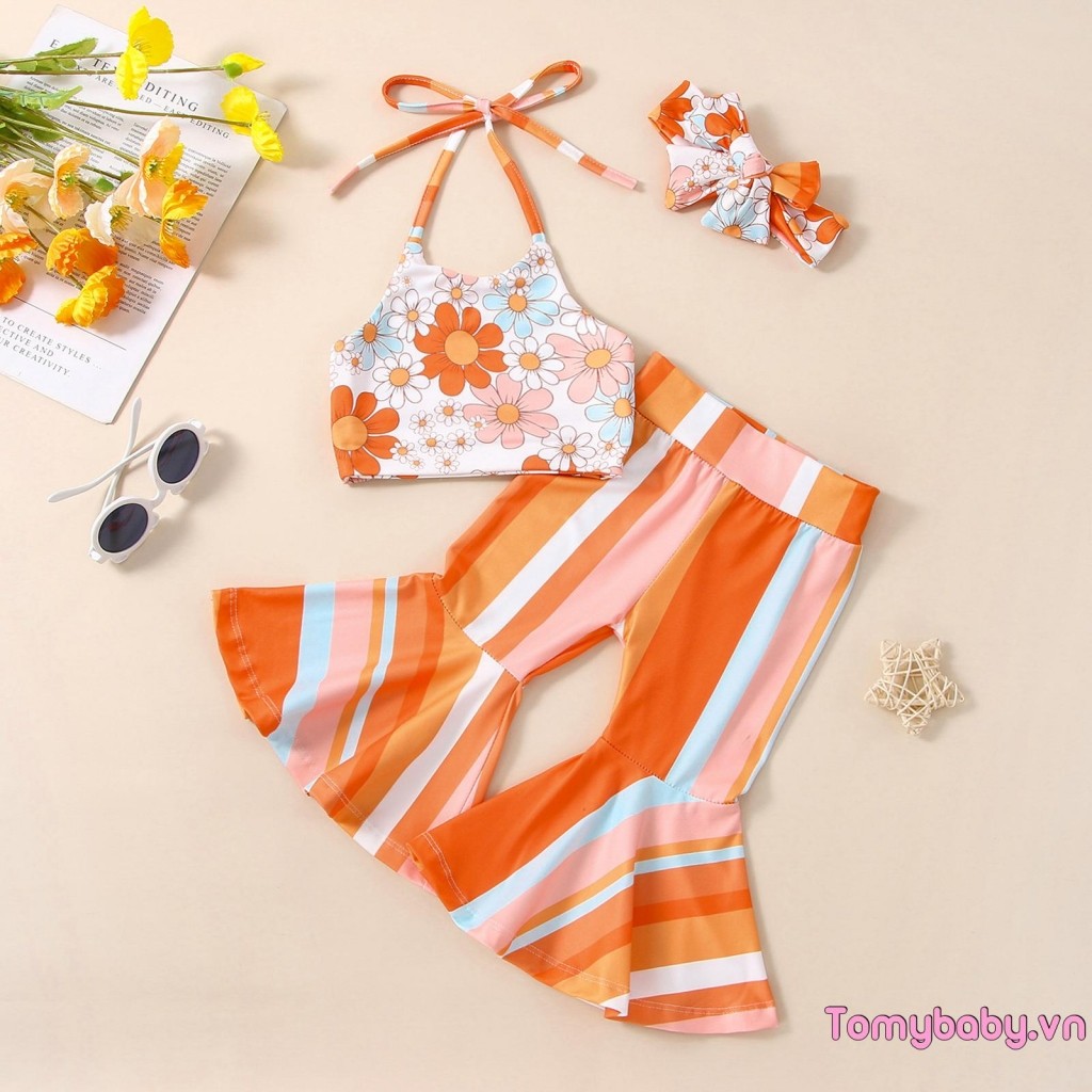 Bộ 3 trang phục mùa hè cho bé gái mới biết đi Áo hai dây in hoa + Quần loe sọc + Bộ băng đô nơ