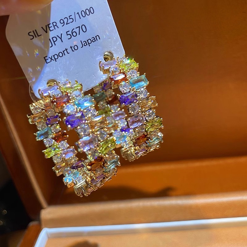 Bạc Kim Vuông Nhiều Màu Sắc Zircon Bông Tai Sang Trọng Ánh Sáng Sang Trọng Bông Tai Bán Buôn