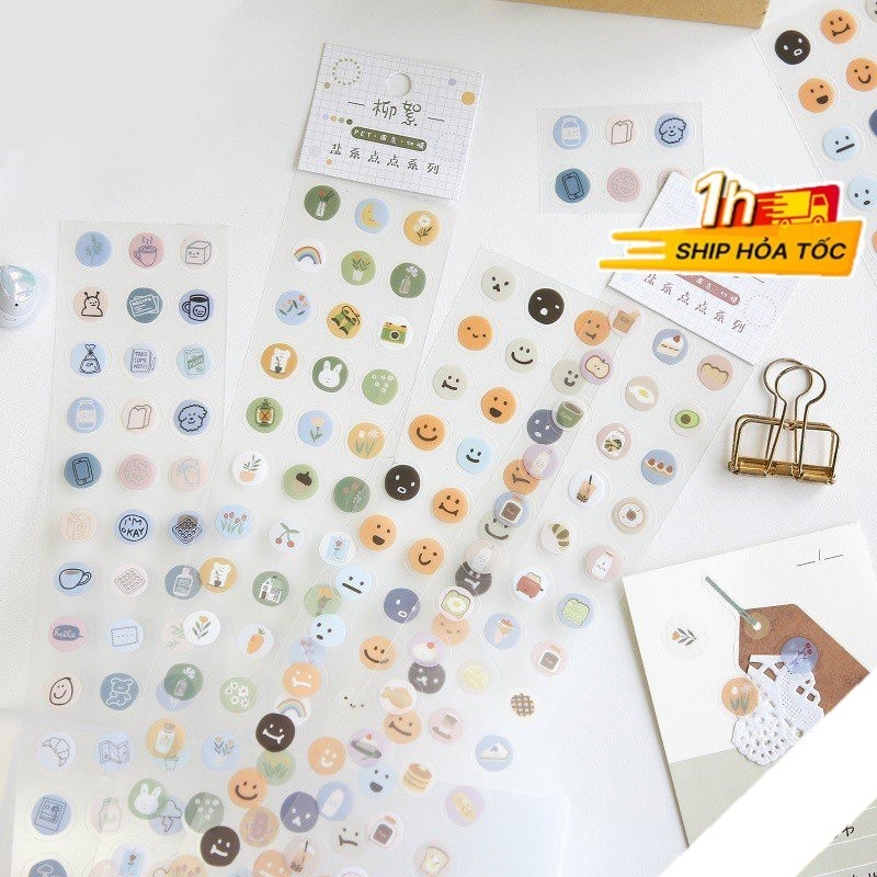 Set 57 sticker miếng dán icon tròn cute hình khuôn mặt/ đồ ăn/ đồ tiện ...