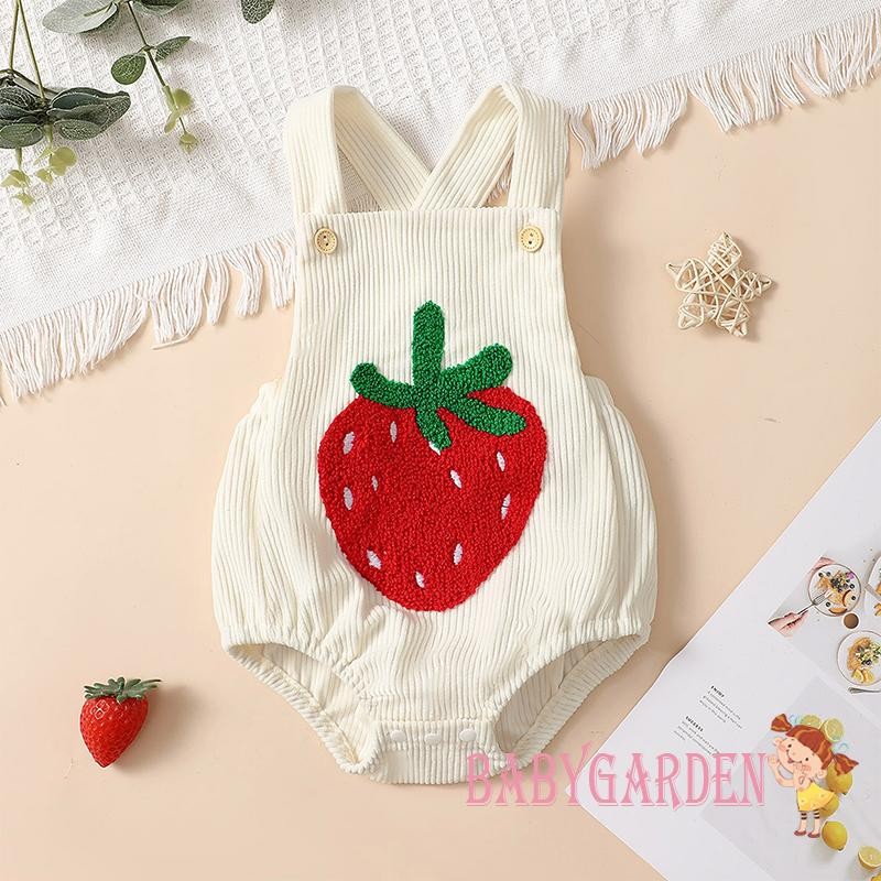 Baga-0-12 tháng tuổi Quần yếm bé gái cầu vồng / dâu tây thêu cổ vuông không tay có gân áo liền quần Quần áo sơ sinh
