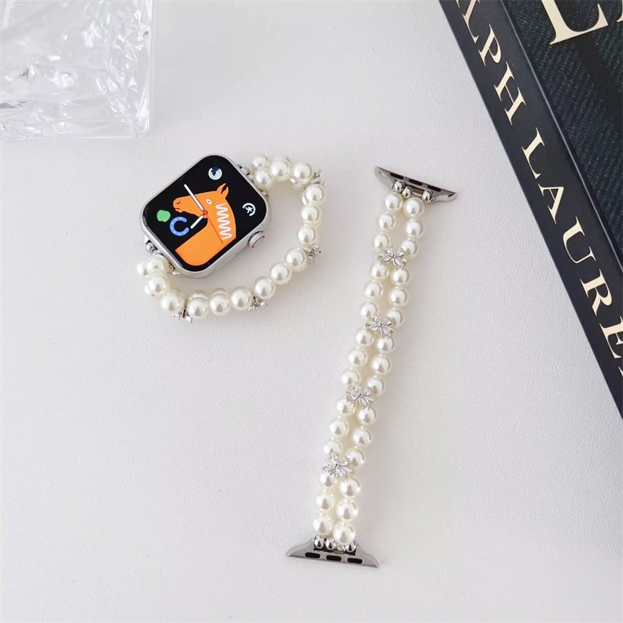 Kim Cương Sang Trọng Ngọc Trai Tình Yêu Bướm S11 Ban Nhạc Cho Apple Watch 49mm Ultra2 45mm 42mm 40 44 mm Vòng Tay Nữ Cho iWatch 41mm 38mm 9 8 7 6 5 4 3 2 SE 1 Dây Đeo Hạt Co Giãn S11