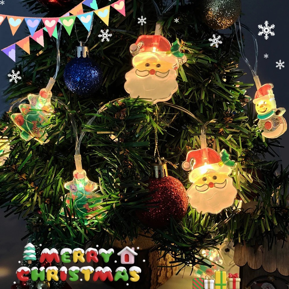 Dây đèn Giáng sinh vui vẻ 10-LED 1.5M - Ông già Noel, Người tuyết, Cây Giáng sinh - Đèn vòng hoa chạy bằng pin
