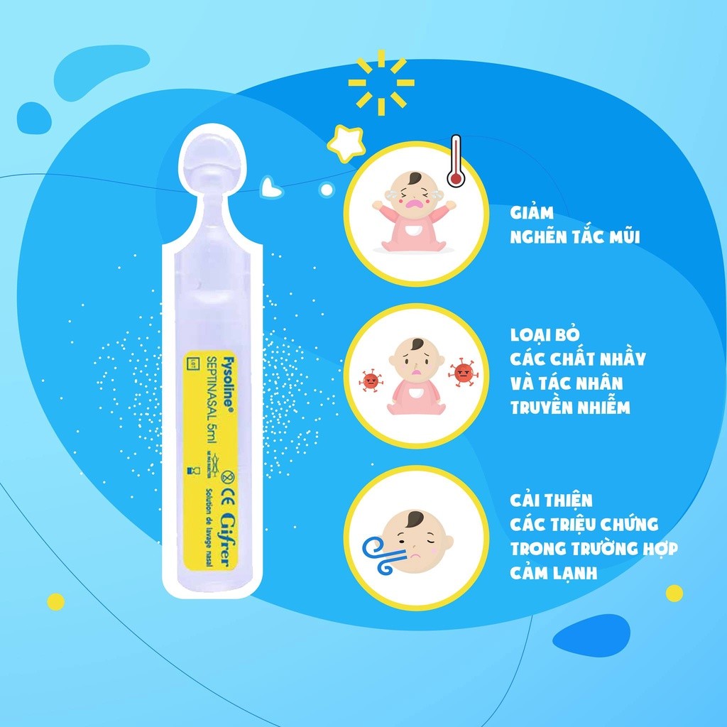 Mô tả Nước muối sinh lí FYSOLINE hỗ trợ kháng khuẩn, hỗ trợ viêm mũi, sổ mũi cho bé (Hộp vàng 20 ống x 5ml) - 3