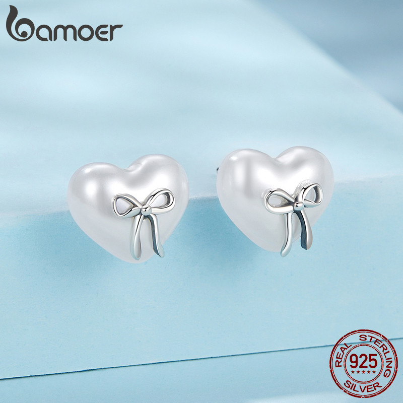 Bamoer Bạc 925 Bông Tai Nơ Trái Tim Món Quà Trang Sức Cho Nữ