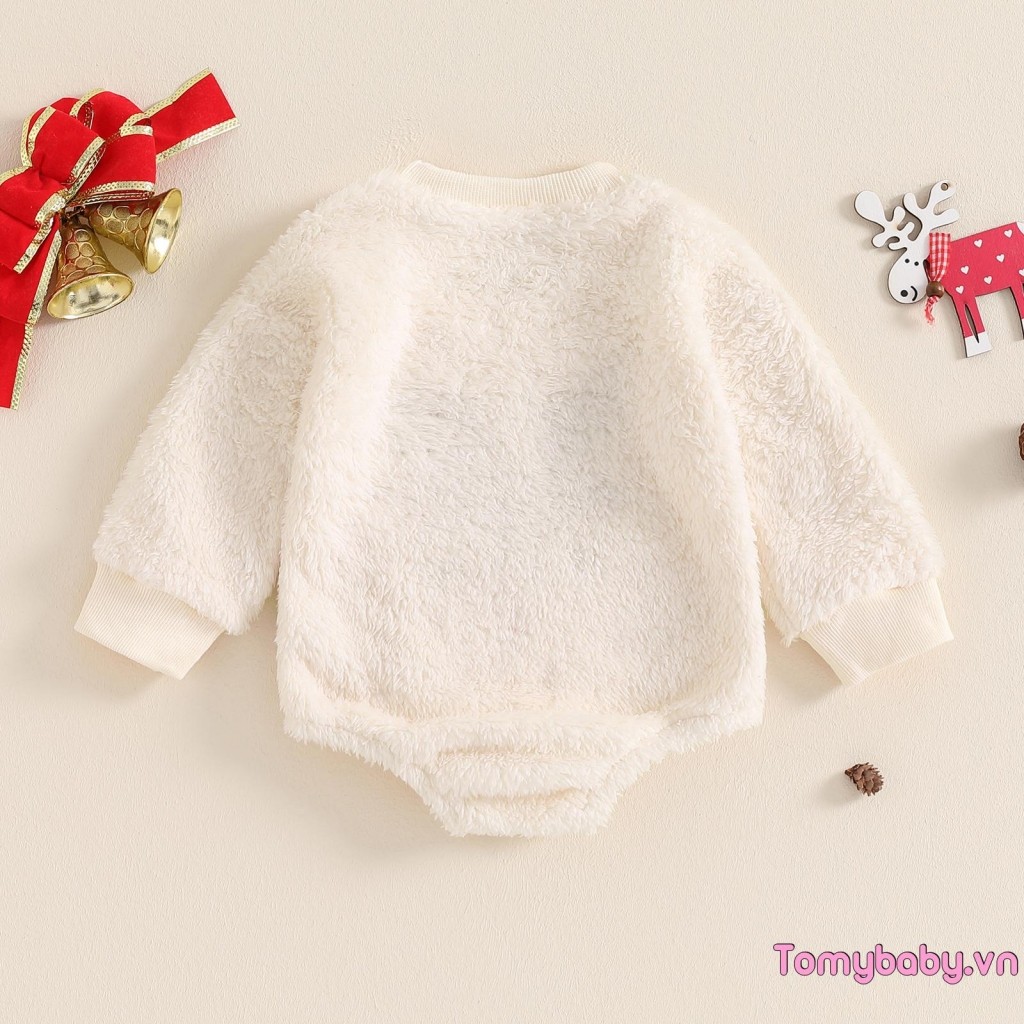 Bộ áo liền quần lông cừu Giáng sinh cho bé gái Áo liền quần dài tay cổ tròn thêu