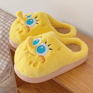 XIXITIAO Dép bông SpongeBob mùa thu đông, mũi tròn, lót nhung giữ ấm, đế dày mềm, cho nữ