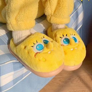 XIXITIAO Dép bông SpongeBob mùa thu đông, mũi tròn, lót nhung giữ ấm, đế dày mềm, cho nữ