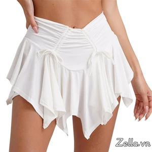 Váy Mini nữ màu trơn buộc dây váy xếp ly viền không đều