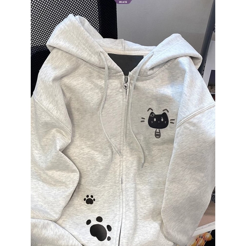 Ngọt Ngào Phong Cách Thoáng Mát Nhật Bản Mèo Dễ Thương In Áo Len Có Mũ Nữ Xuân Thu Rời Gió Lười Zip Áo Khoác Cardigan Ins [BL]