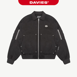 Áo khoác bomber nam nữ chất kaki DAVIES cổ bẻ hoạ tiết đính nút kim loại logo inox màu đen Ragnarok Jacket | D-AK23