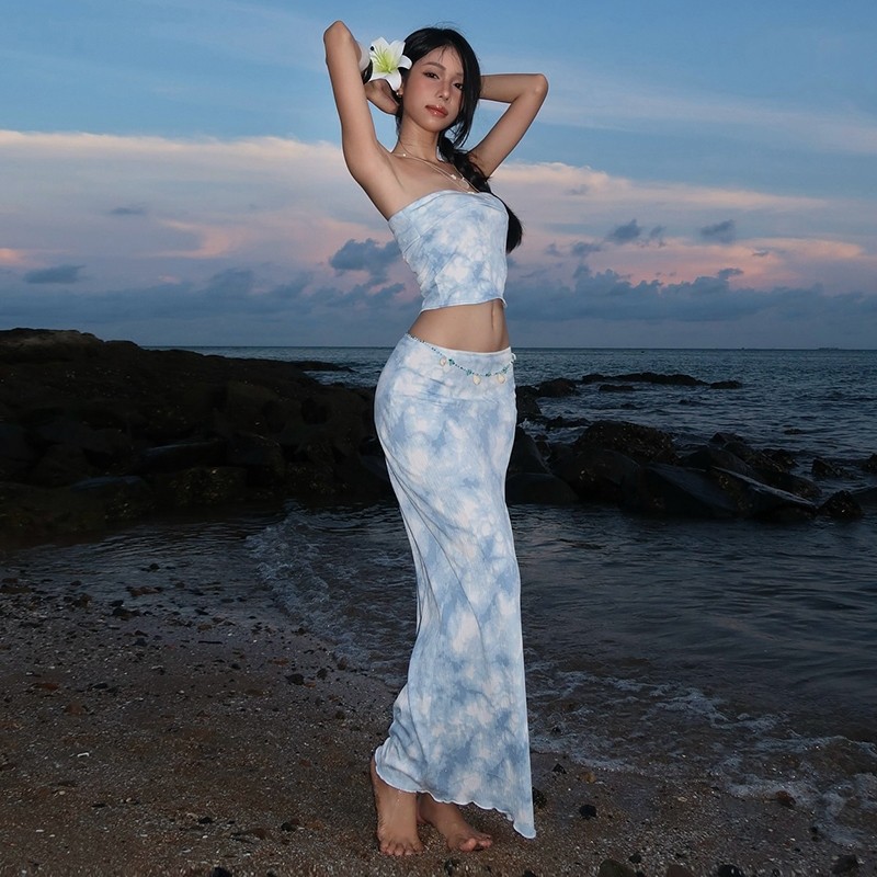 Klalien Wave Ripples Bộ Đồ Bikini Phù Hợp Đi Biển Mùa Hè, Kiểu Dáng Quấn Ngực VàCrop Top Kết Hợp Váy Hở Hông Lưng Cao