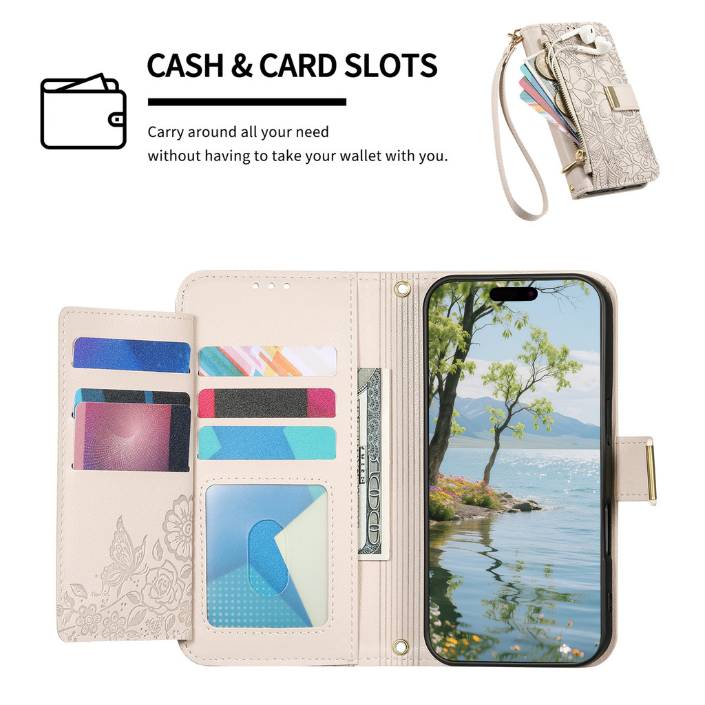 Dây đeo cổ tay Dây kéo Ví da lật Khe cắm thẻ Vỏ điện thoại cho IPhone 16E 17 16 15 14 13 12 Pro Max Giá đỡ bảo vệ