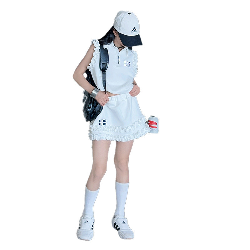 Bộ đồ ren thời trang bé gái Phiên bản Hàn Quốc Áo cổ polo trắng + Váy eo cao Bộ đồ hai mảnh
