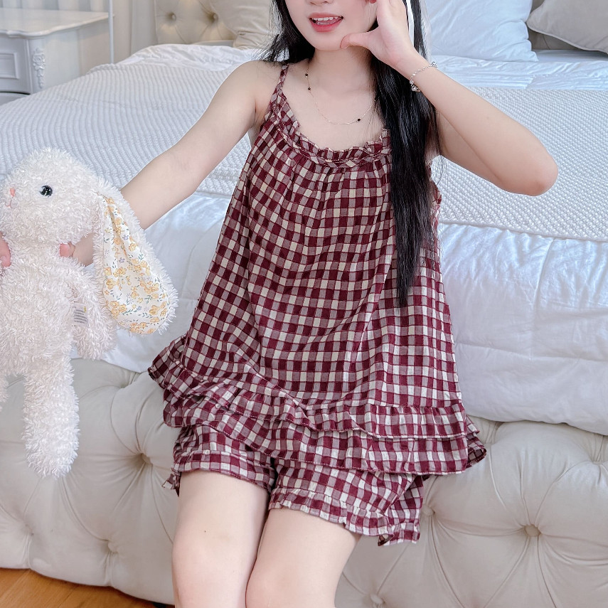 Đồ Ngủ Nữ 2 Dây Mùa Hè Vải Đũi Caro Mát Mịn Form Rộng Mặc Nhà Dễ Thương Tiểu Thư – PONA