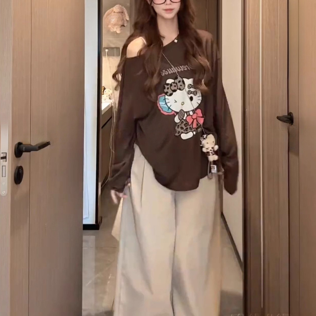 Milyfashion Loose Size Lớn Kem Chống Nắng kitty In Hình Cổ Tròn Tay Dài T Mùa Hè Mỏng Bên Ngoài Top Quần Áo Nữ