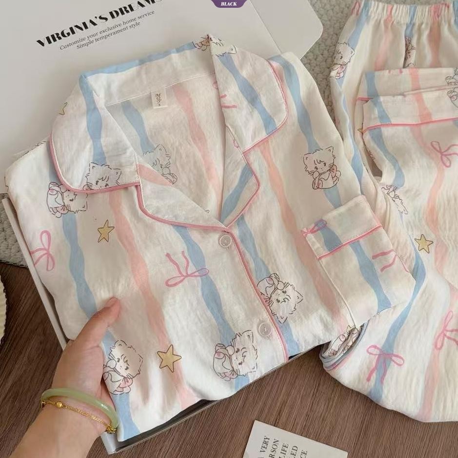 Bộ đồ ngủ nữ Mico cầu vồng dễ thương, dài tay, phong cách Nhật Bản, thích hợp mặc nhà, xuân thu, cho sinh viên [BL]
