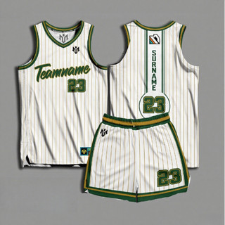 Bộ đồ bóng rổ cao cấp với áo sọc trắng và quần short, hỗ trợ tùy chỉnh tên đội