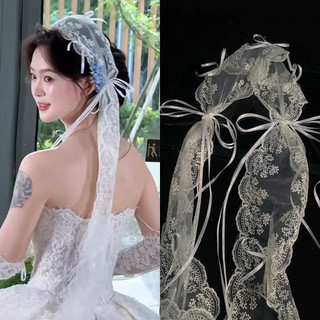 Mũ đội đầu cô dâu phong cách Hàn Quốc với ren và nơ, phù hợp tóc dài
