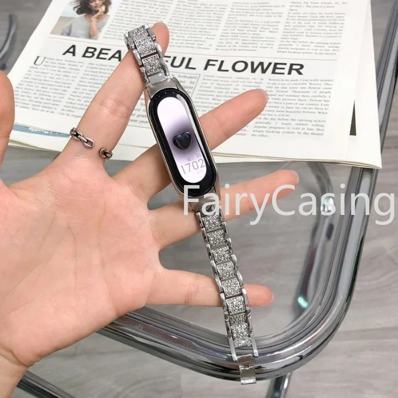 Dây đeo bằng thép không gỉ cho Xiaomi Mi Band 10 9 8 7 6 4 5 Cổ tay Vòng tay kim loại lấp lánh sang trọng cho Mi Band 6 4 3 5 Dây đeo kim cương