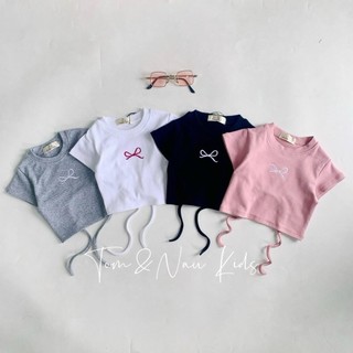 A24-[tomnaukids] Áo thun cộc tay Croptop thêu nơ rút dây cho bé gái thun bozip cotton size từ 8-35Kg