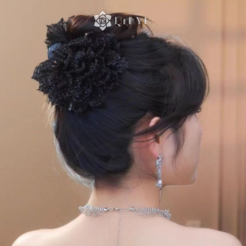 Qrhyk Thời Trang Lưới Đen Hoa Nữ Đuôi Ngựa Kẹp Mũ Đội Đầu Tính Khí Hoa Tóc Móng Vuốt Mũ Phụ Kiện Tóc Mới