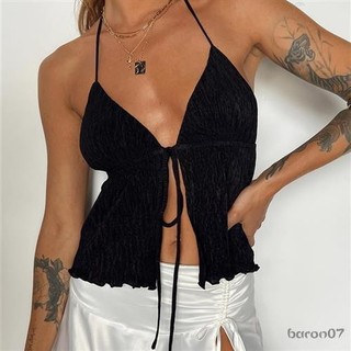 Phụ Nữ Cổ Dây Crop Tops Mùa Hè Màu Băng Mở Mặt Trước Không Tay Áo Dạo Phố
