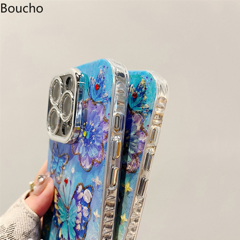 Dành Cho iPhone 15 Pro Max 14promax Tranh Sơn Dầu Thời Trang Màu Xanh Bướm Điện Thoại Có Dây Xích Cho iPhone 11 12 13 14 Pro Max Mềm IMD Chống Sốc Với Ống Kính Phim Mặt Sau
