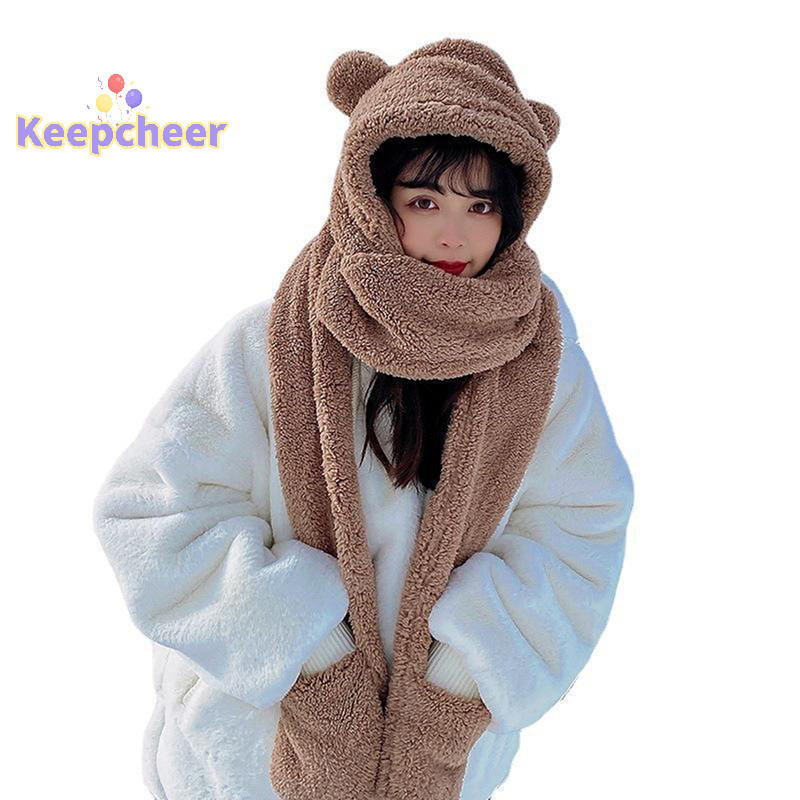 [Keepcheer] 1 Khăn quàng cổ hình gấu dễ thương Găng tay bảo vệ ấm áp mùa đông 3 trong 1 Khăn quàng cổ nữ chống gió sang trọng [Mới]
