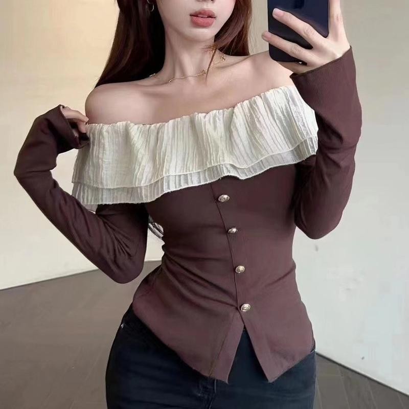 Áo Thun Dài Tay Trễ Vai Phối Bèo Tay Loe Nút Ngọc Chất Thun Gân Tăm Phong Cách Hàn Quốc- A299