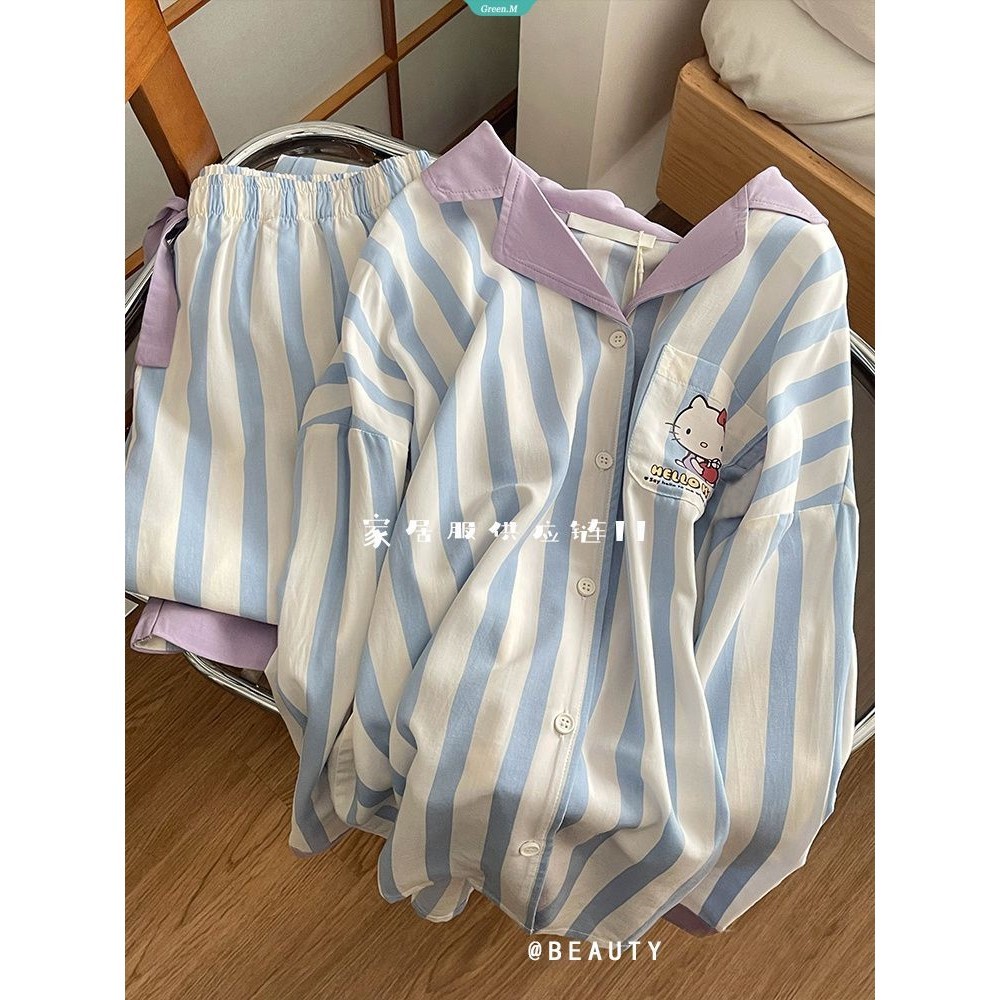 Crash Side Sọc Hello Kitty Bộ Đồ Ngủ Nữ Xuân Thu Đơn Giản Giải Trí Dài Tay Homewear Phù Hợp Với