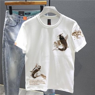 Áo thun thêu cá chép Nam Dạo Phố Phong Cách Trung Hoa Thời Trang Độc Đáo dáng rộng Thường Ngày Tay Ngắn Hơi Rời Top Quốc Gia Hợp Thời Trang VG16