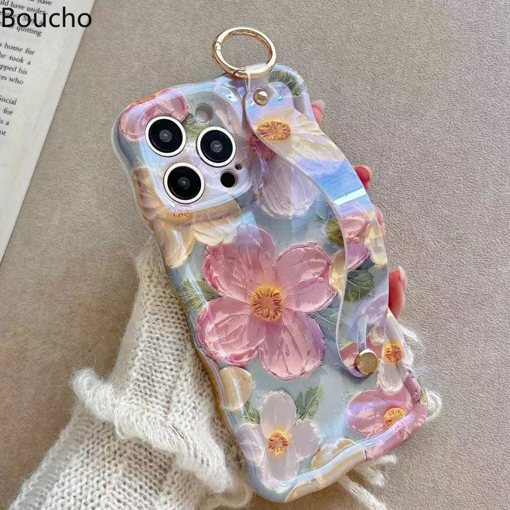 Dành Cho iPhone 16 Pro Max Air 17 Pro Max 15 Plus Thời Trang Laser Ánh Sáng Xanh Hoa Dây Đeo Cổ Tay Ốp Lưng Điện Thoại Cho iPhone 14 Pro Max 11 12 13 Pro Max 15pro Sang Trọng Chống Sốc TPU Mềm