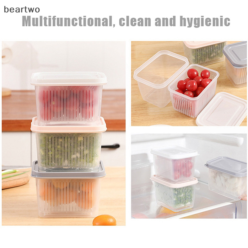 < Beartwo > Tủ Lạnh Vuông Thực Phẩm Rau Quả Hộp Bảo Quản Tủ Lạnh Sắp Xếp Giỏ Thoát Nước Hành Thịt Gừng Trong Suốt Sắc Nét Có Nắp Đẹp