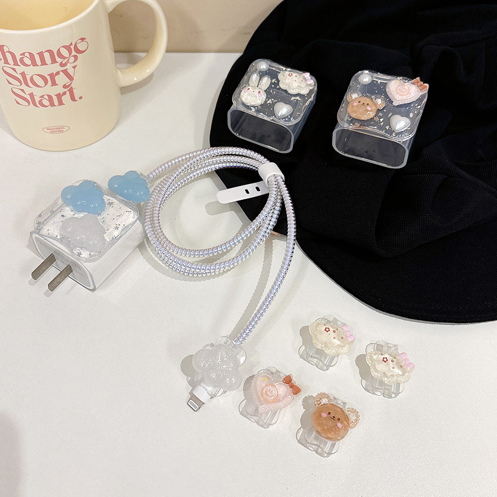 [Bộ năm mảnh] Nhựa hình gấu thỏ đám mây cho iPhone 18W / 20W Sạc nhanh Bảo vệ tay áo Cáp dữ liệu Vỏ phụ kiện cáp dữ liệu