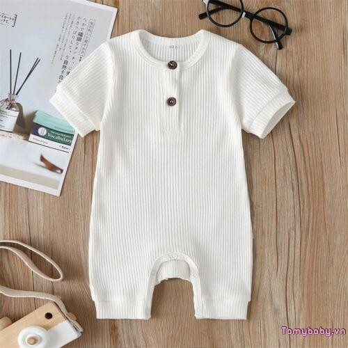 Bộ áo liền quần ngắn tay cho bé màu trơn đan gân cổ chữ O cho bé trai bé gái