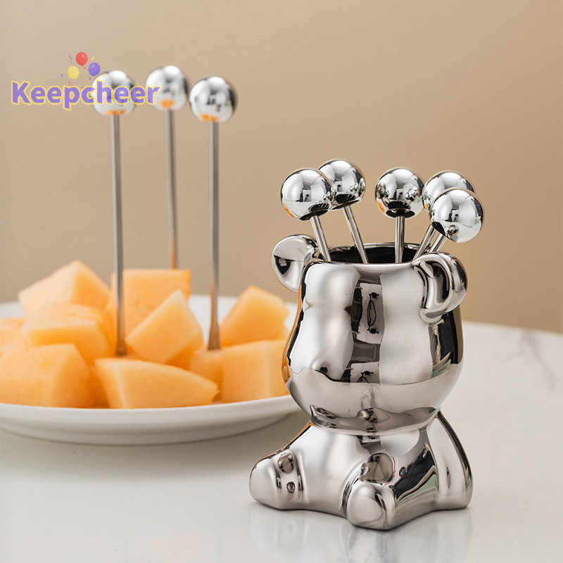 [Keepcheer] 6 Nĩa tráng miệng bằng thép không gỉ có lọ đựng đồ dùng gấu dễ thương cho bữa tiệc g Món tráng miệng Trái cây dưa chua Salad [Mới]