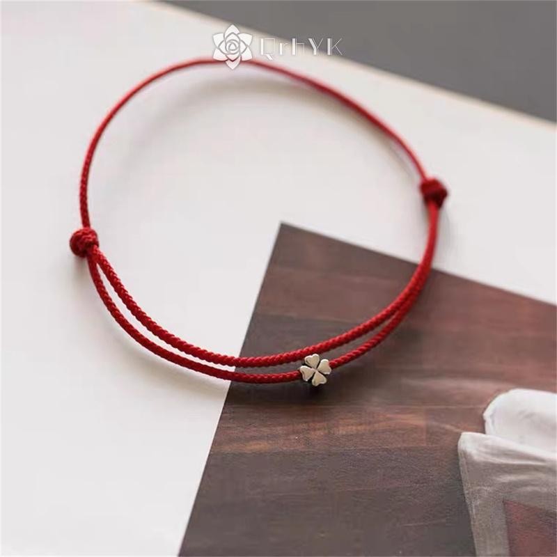 Qrhyk Bốn Lá Cỏ Ba Lá Dây Vòng Tay Màu Đỏ May Mắn Handmade Dây Chuyền Vòng Tay Quyến Rũ Mới