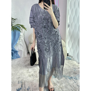 Miyake Xếp Ly Cao Cấp Công Nghiệp Nặng Thêu Nổi Đầm Cổ Tròn Rời Kích Thước Lớn Giữa Chiều Dài S