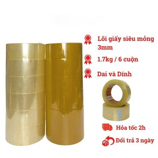 Cây 6 cuộn băng dính trong đục 1.7kg lõi mỏng, loại nhỏ dễ cầm tay.