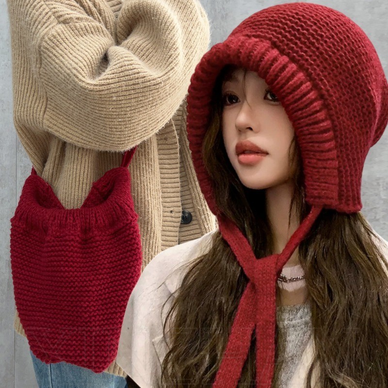 Mũ beanie dệt kim - Túi đa năng có dây rút - Thời trang, đơn giản, đa năng - Bảo vệ tai, giữ ấm, chống lạnh, dày - Mũ chui đầu mùa thu đông