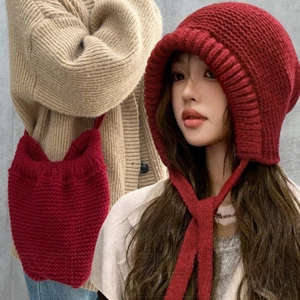Mũ beanie dệt kim - Túi đa năng có dây rút - Thời trang, đơn giản, đa năng - Bảo vệ tai, giữ ấm, chống lạnh, dày - Mũ chui đầu mùa thu đông