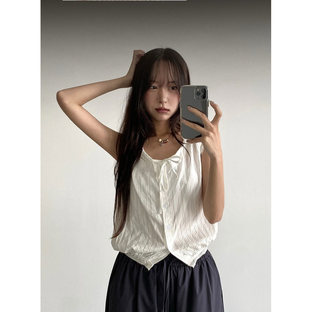 SUXI Áo sơ mi ren không tay đơn giản mùa hè mới dành cho nữ 250701