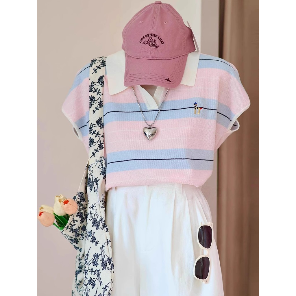 Áo Polo Nữ Sọc Thời Trang, Tay Ngắn, Phù Hợp Mùa Hè